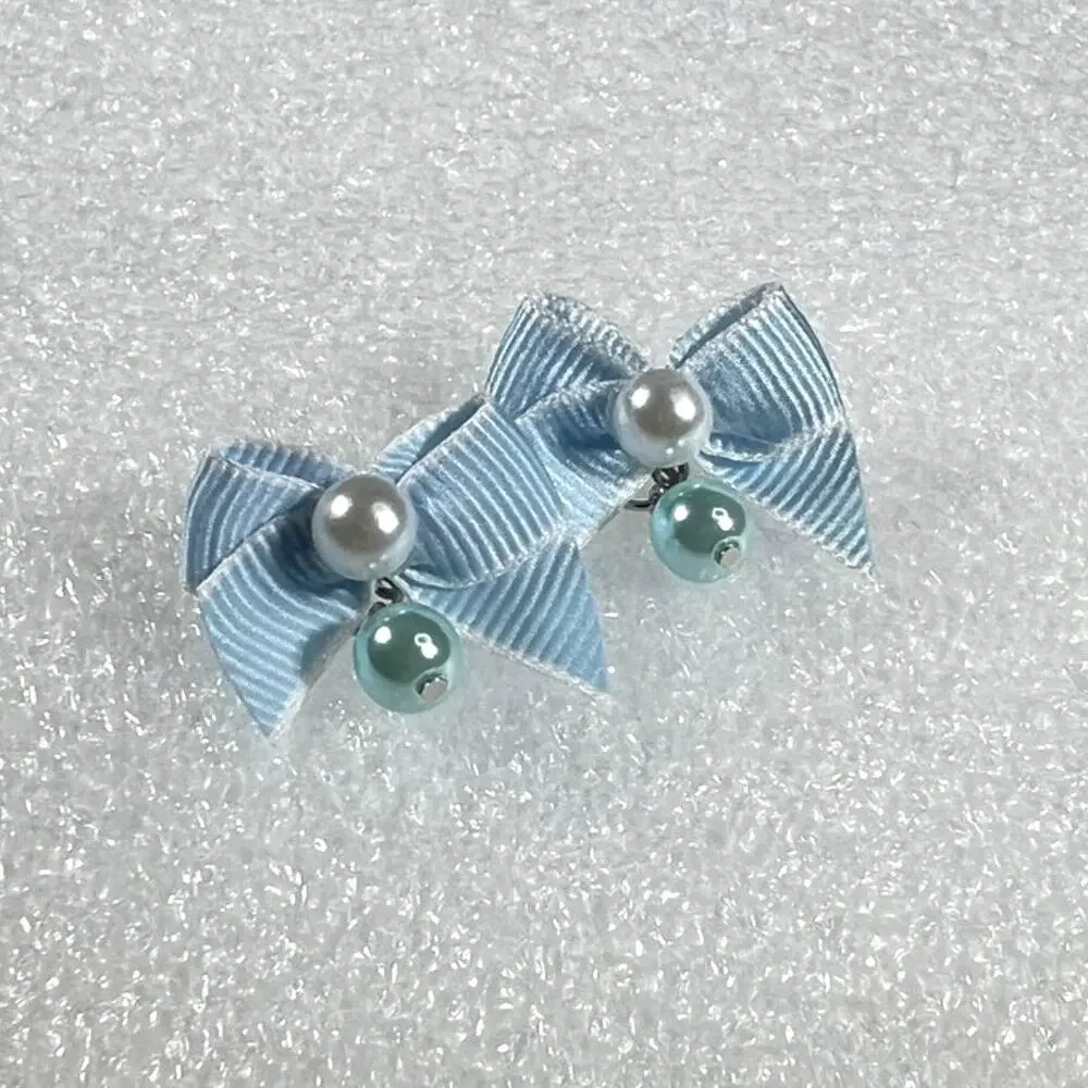 Retro Korean Coquette Faux Simulated Pearl Bow Earrings New on Card Deadstock
